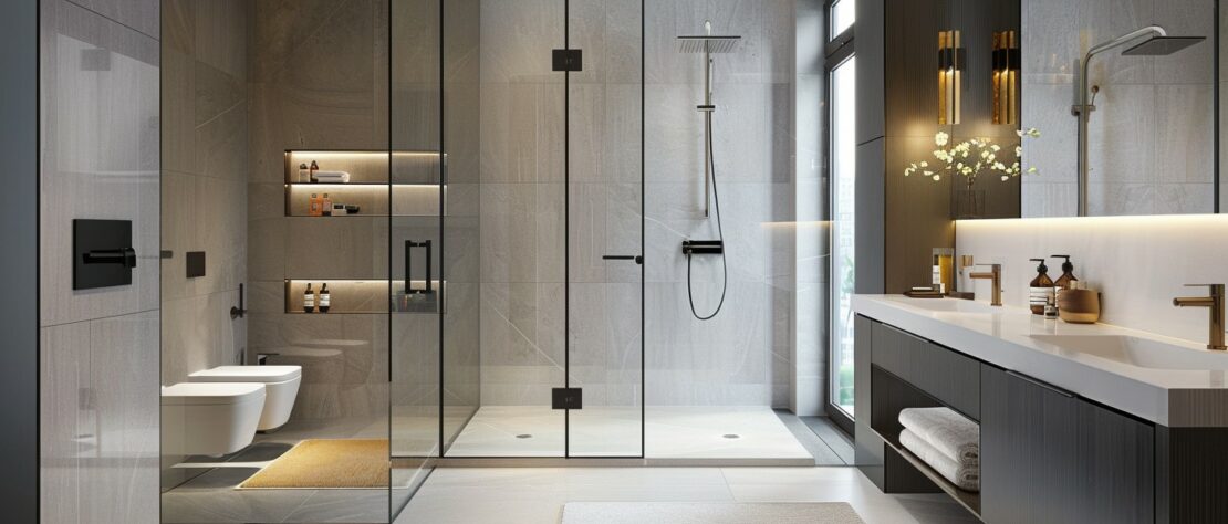a modern bathroom in an upscale London apartment, minimalist design
