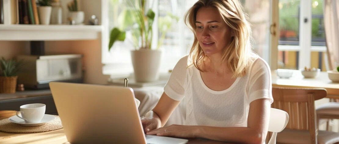 a British woman in her early thirties sitting at a wooden dining-room table in a softly lit modern home, focused expression as she browses on a laptop
