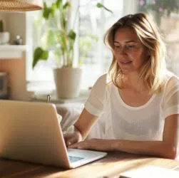 a British woman in her early thirties sitting at a wooden dining-room table in a softly lit modern home, focused expression as she browses on a laptop