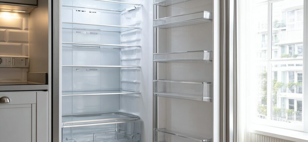 an open, freshly cleaned, empty refrigerator in a modern London apartment kitchen