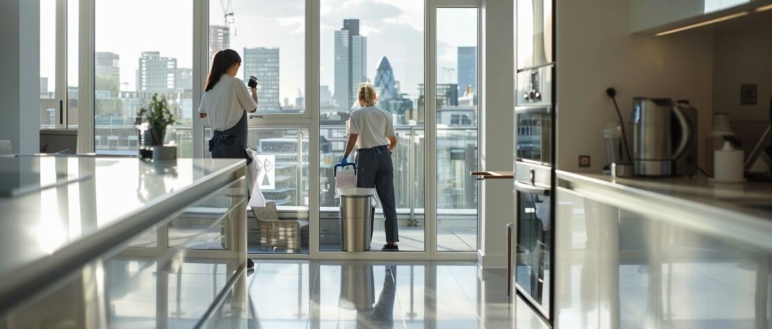two professional female tenancy cleaners performing a full move-out cleaning service inside a modern London apartment