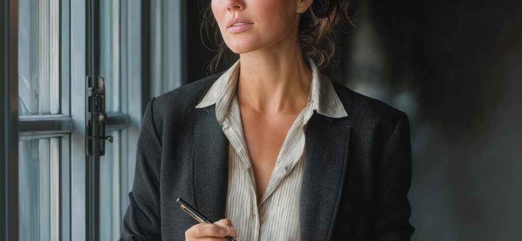 a British woman in smart office attire, standing inside a modern London apartment, holding a clipboard folder and writing notes on a detailed checklist