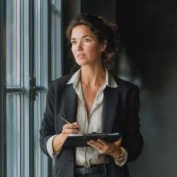 a British woman in smart office attire, standing inside a modern London apartment, holding a clipboard folder and writing notes on a detailed checklist